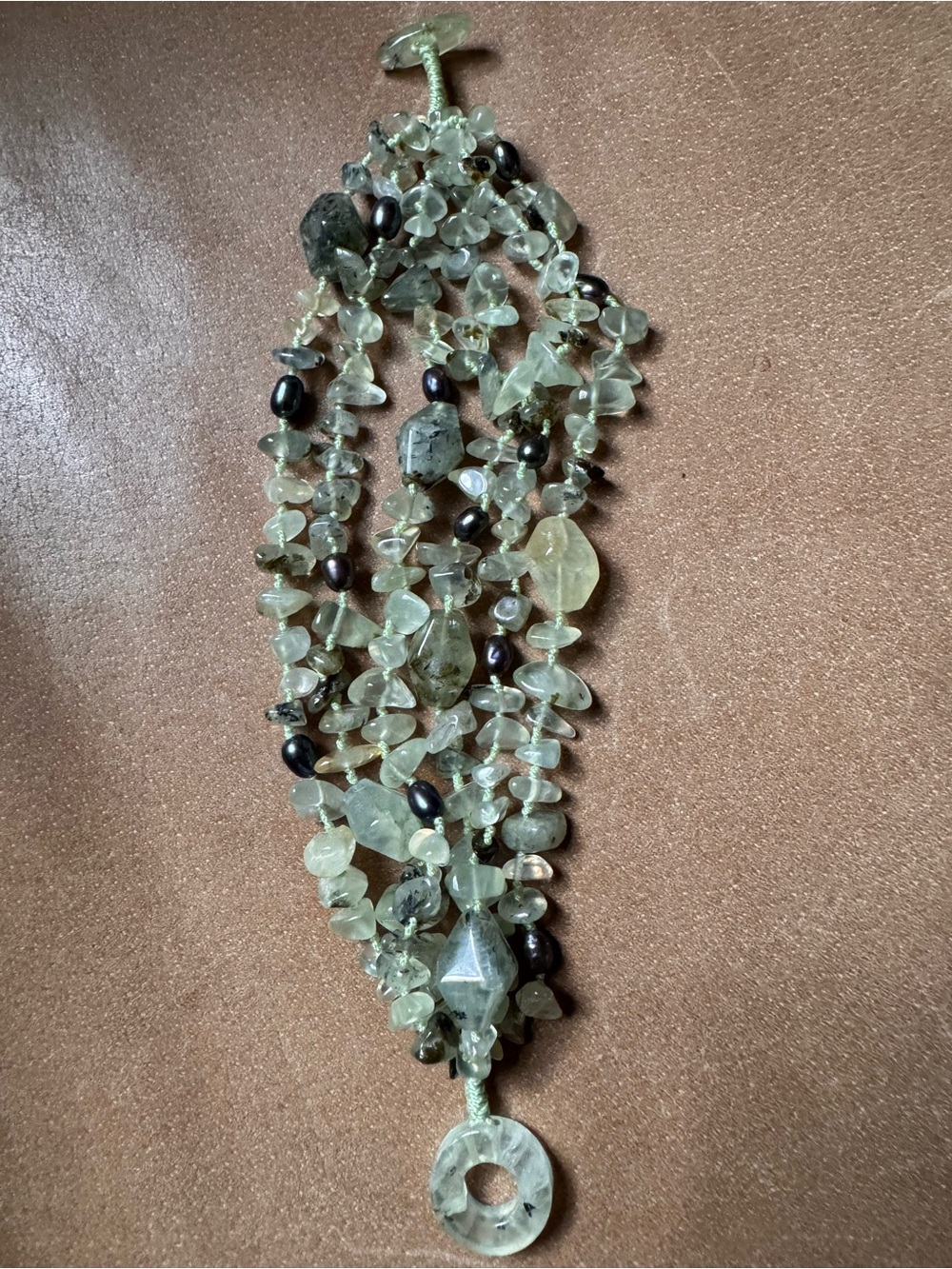 Vintage Pale Green Multi-Stone 6 strand Cluster Bracelet w Dark blue pearl Beads